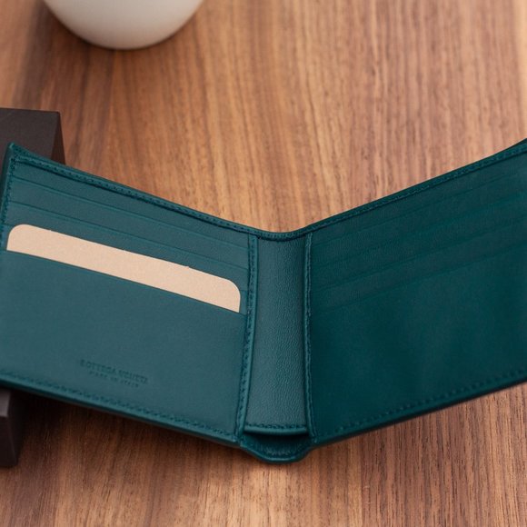 Bottega Veneta Intrecciato Woven Leather Bifold Wallet - Grey/Sky Blue - Picture 9 of 10